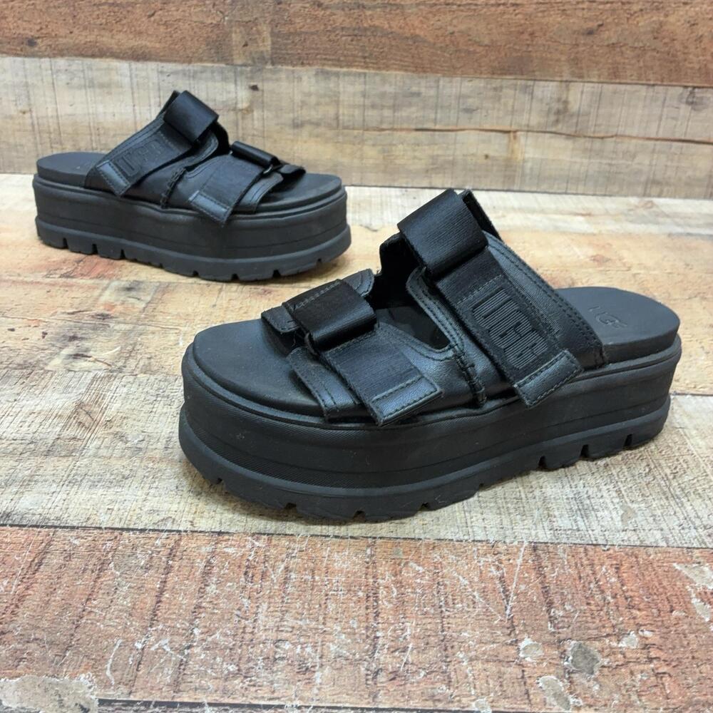 UGG Sandals Womens Size 7.5 38.5 Black Leather Platform Slide Hook & Loop Shoes